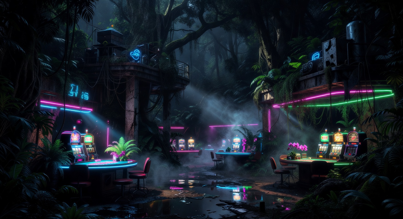Dark cinematic jungle casino environment with neon accents